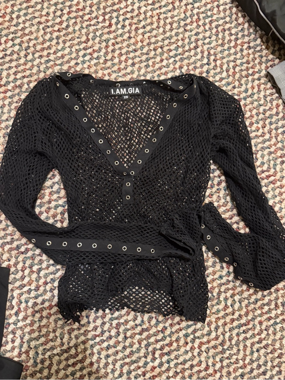 I.AM.GIA Black Mesh Eyelet V-Neck Long Sleeve Top
